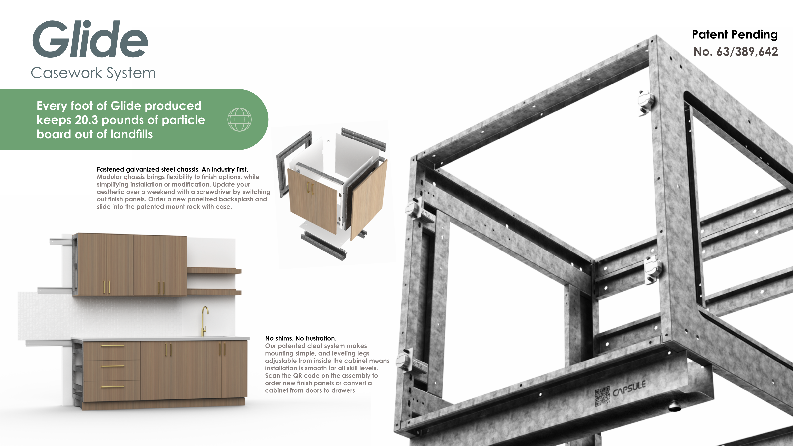 Glide casework system technical diagram showing modular cabinet components and rail mounting system